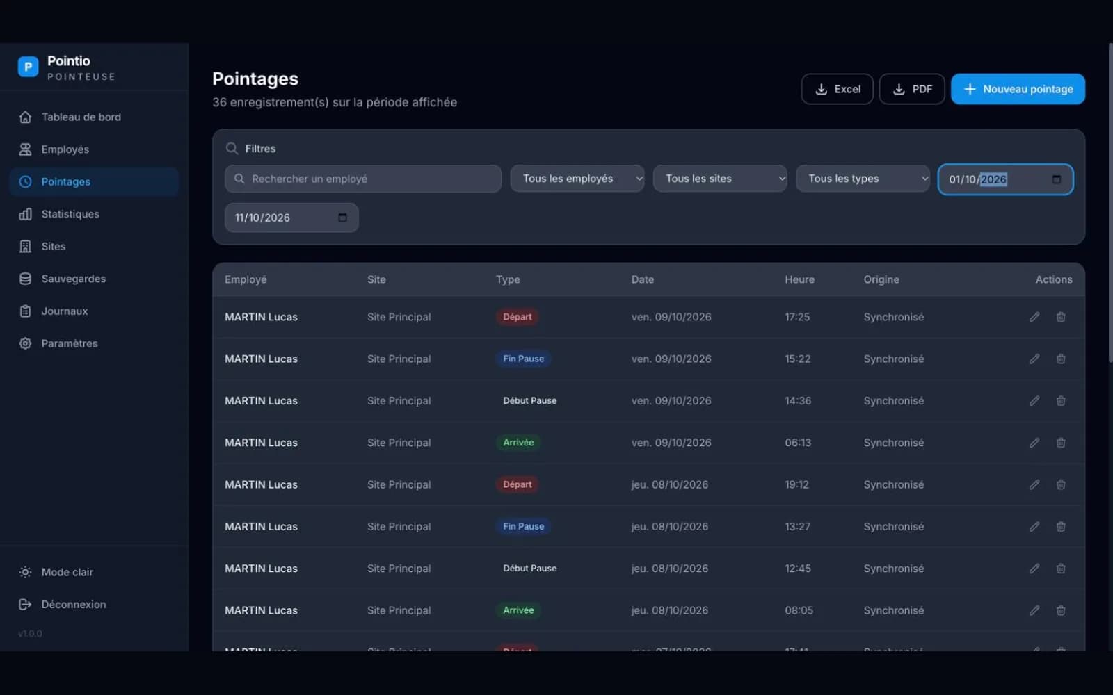 Capture d'écran 2 du site Pointio — Pointeuse d'entreprise