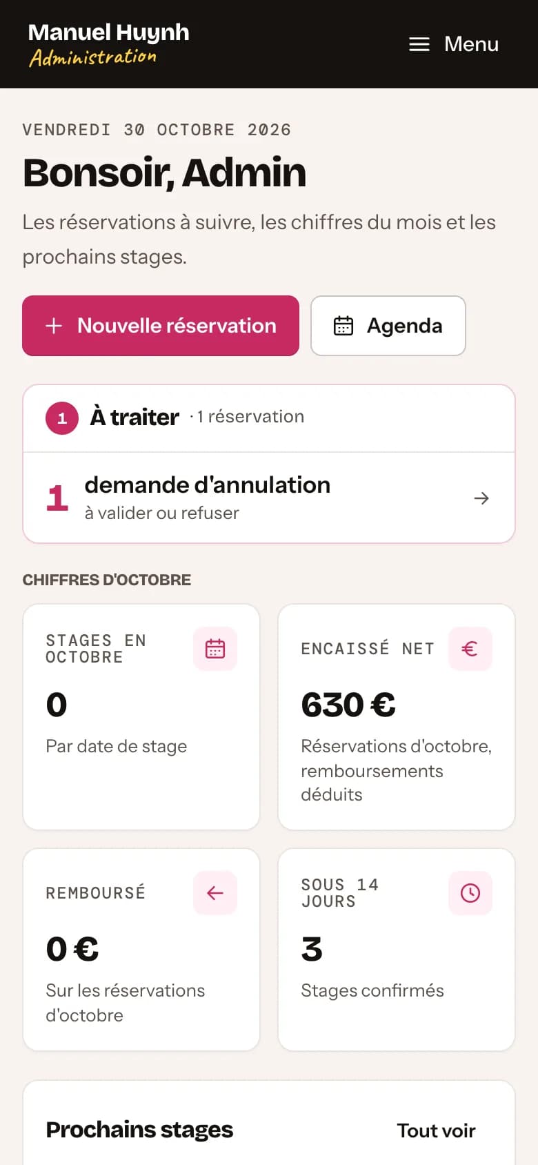 Back-office de Stage photo Toulouse sur mobile, vue 1